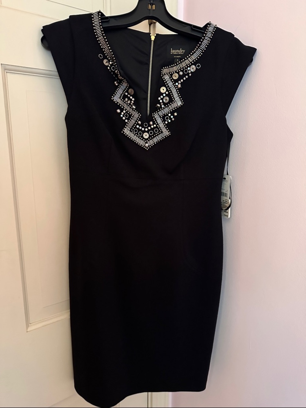 Laundry By Shelli Segal Black Midi Dress with Silver Beaded V-Neck